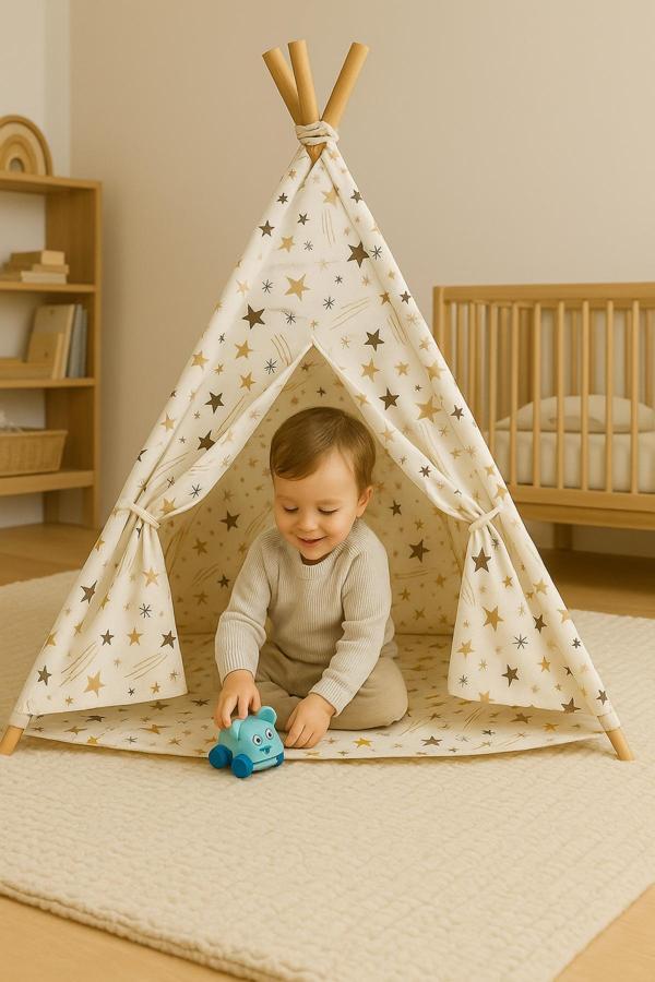 Bebemango Çocuk Kızılderili Oyun Çadırı Ahşap Direkli Geniş Oyun Çadırı - Image 1