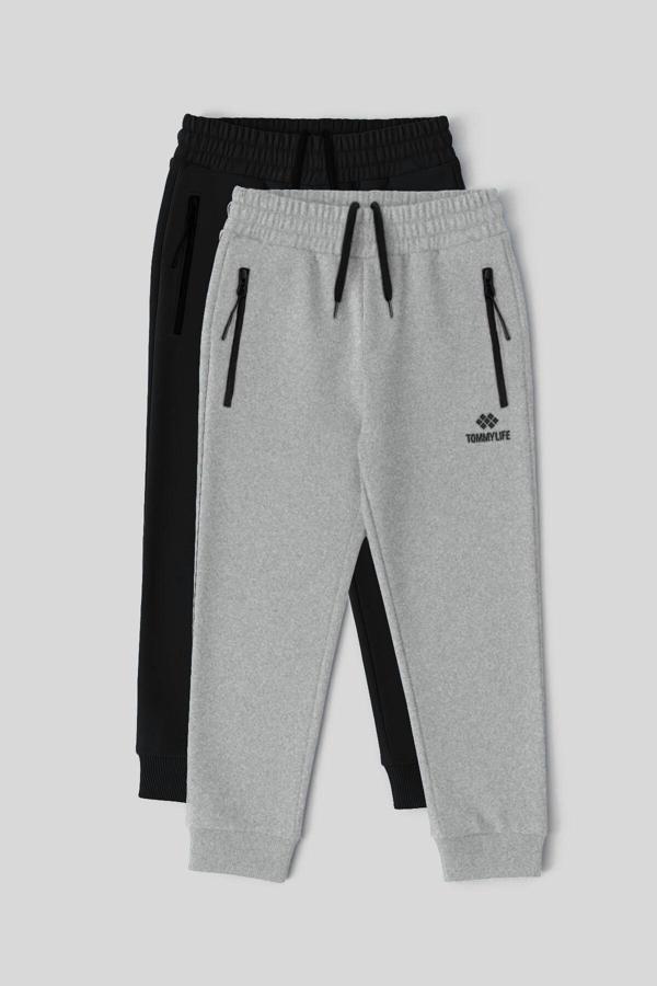 Standart Fit Basic 2li Paket Siyah-Gri Melanj Erkek Çocuk Eşofman Alt - 64042 - Image 1