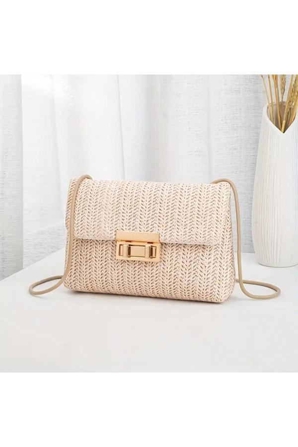 Ovo Life Dokuma Düz Renk Bej Tokalı Omuz Çantası - Image 1