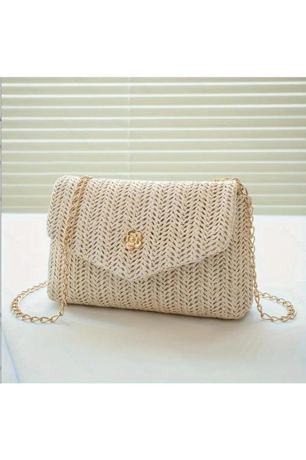 Ovo Life Dokuma Düz Renk Dokuma Bej Mıknatıslı Omuz Çantası - Image 1