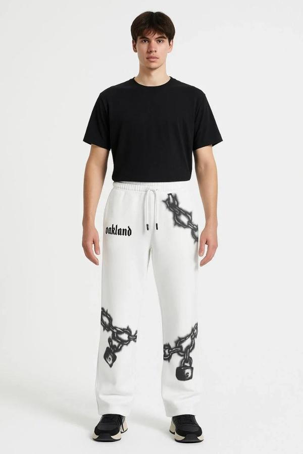 Erkek Üç İplik Pamuklu Baskılı Cepli Jogger Buggy Pantalon Oversize Kalıp - Beyaz - Image 1