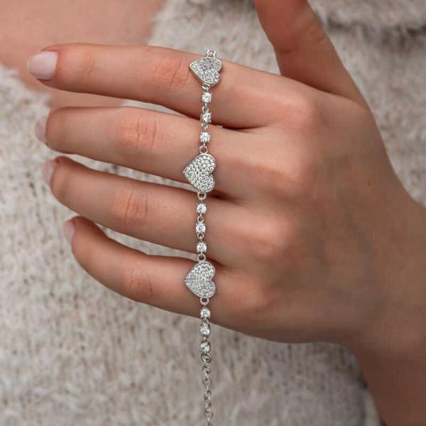 Gümüş Zirkon Taşlı Sıralı Kalp Kadın Bileklik - Image 1