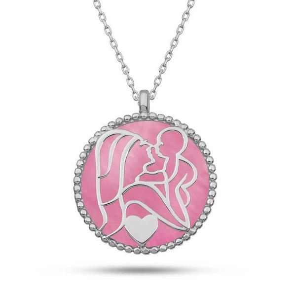 Gümüş Pembe Sedef Taşlı Anne Çocuk Sevgisi Kolye - Image 1