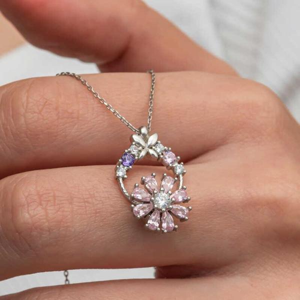 Gümüş Pembe Dönen Çiçek Kadın Kolye - Image 1
