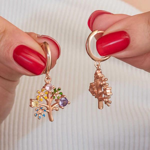 Gümüş Rose Renkli Taşlı Hayat Ağacı Kadın Küpe - Image 1