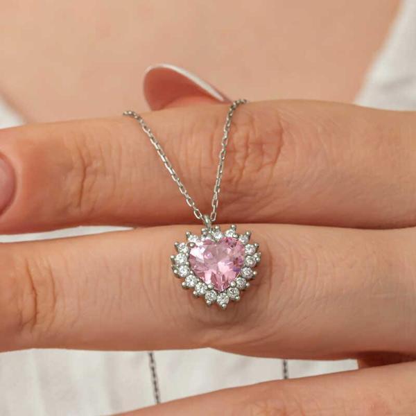 Gümüş Pembe Taşlı Kalp Kadın Kolye - Image 1