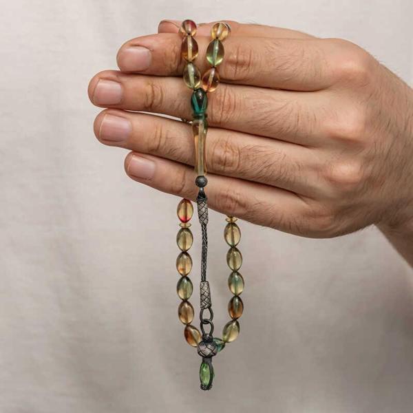 Gümüş 1000 Ayar Kazaz Püsküllü Sıkma Kehribar Tesbih - Image 1