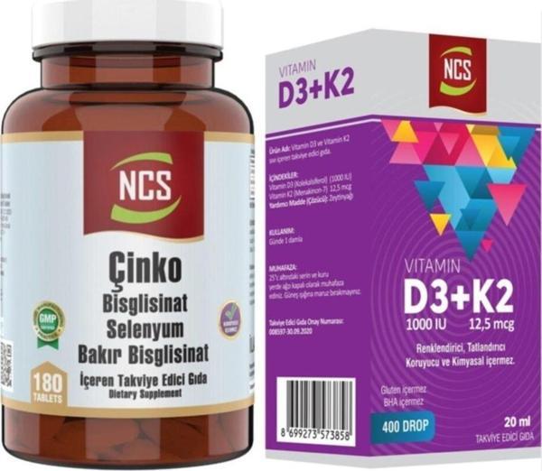 Ncs Çinko Bisglisinat & Bakır Selenium 180 Tablet+Vitamin D3 K2 20 Ml - Image 1