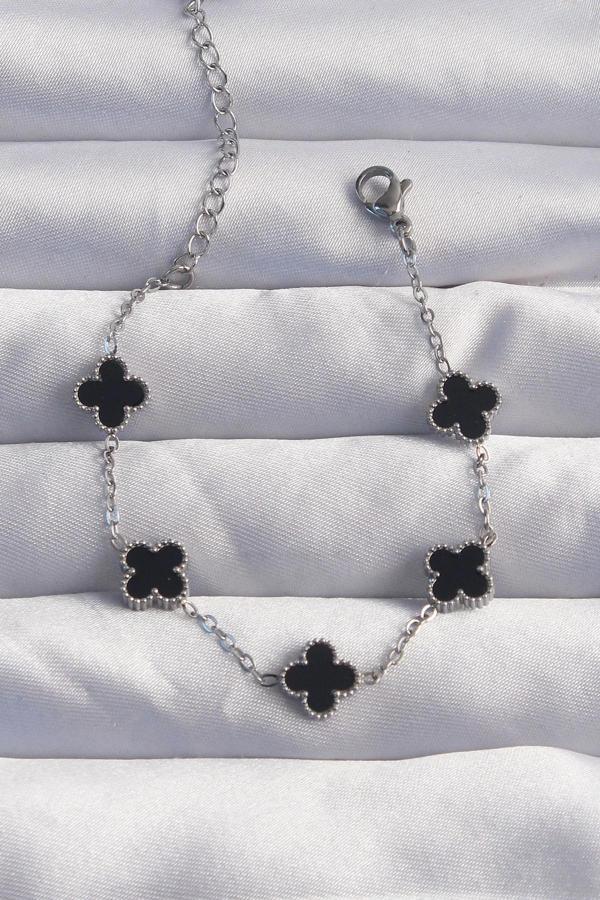 316L Çelik Baby Boy Gümüş Renk Siyah Mineli Yonca Bileklik - Image 1