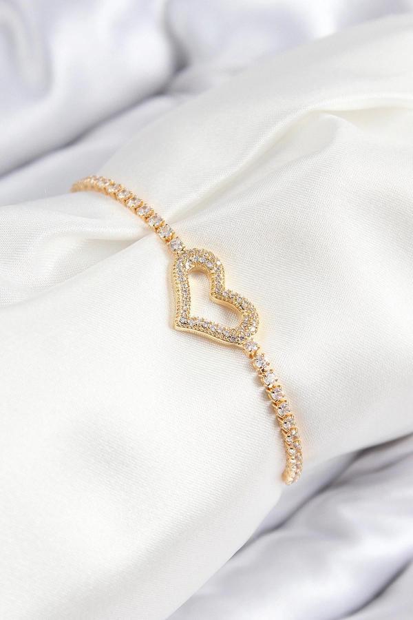 Pirinç Zirkon Taşlı Kalp Model Gold Renk Asansörlü Kadın Bileklik - Image 1