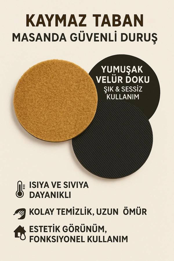 Valerine Life Ev Ofis Çay Fincan Bardak Altlığı 10x10cm Kaymaz 6'lı Velür Doku Kum Beji Coaster Seti - Image 1