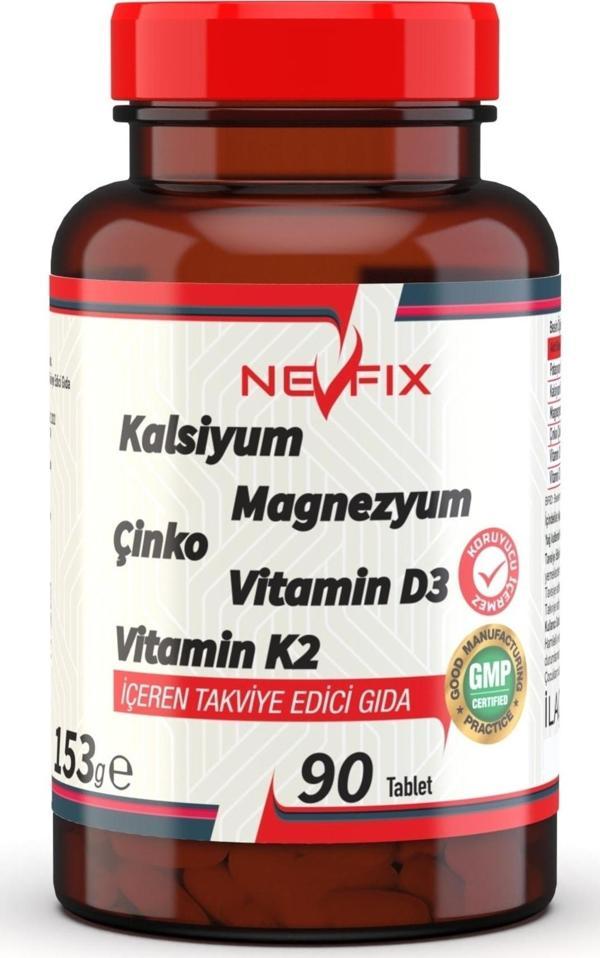 Nevfix 90 Tablet Kalsiyum Magnezyum Potasyum Kalium Çinko Vitamin D3 Vitamin K2 - Image 1