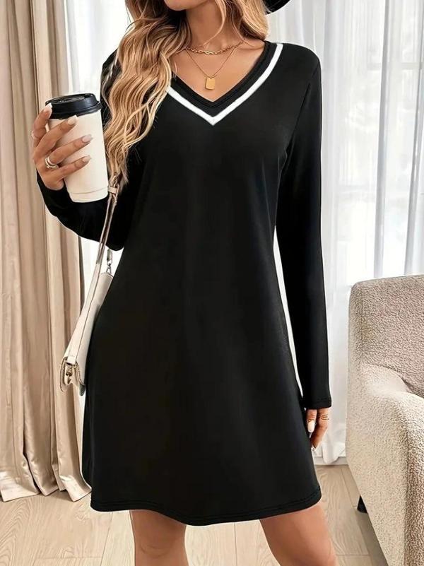 MDB Kadın Uzun Kollu V şerit Yakalı Kısa Viskon Iki Iplik Elbise - Image 1