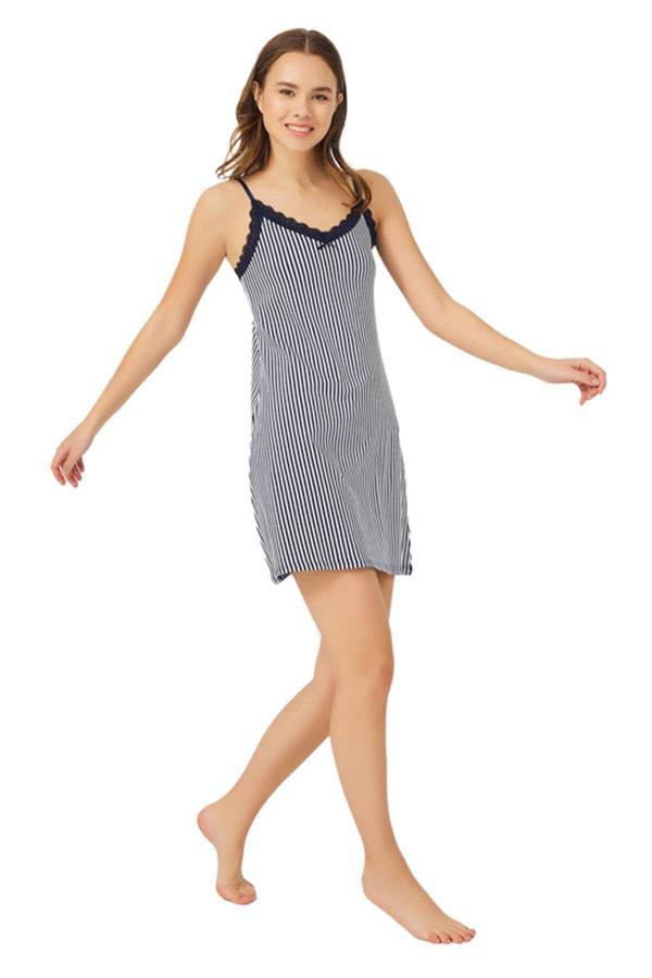 Lacivert Beyaz Çizgili İnce Askılı Pamuklu Kadın Gecelik - Image 1