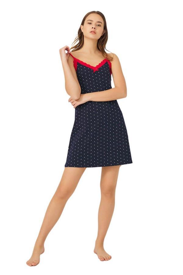 Lacivert Desenli İnce Askılı Pamuklu Kadın Gecelik - Image 1