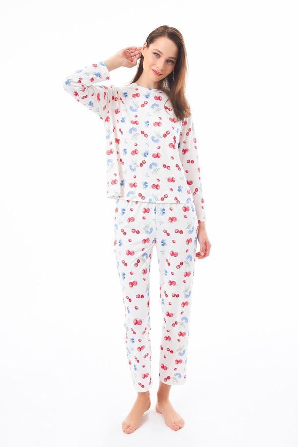 Premium  Kadın Pijama Takımı Meyve Desenli Yumuşak Dokulu Bisiklet Yaka Uzun Kollu - Image 1