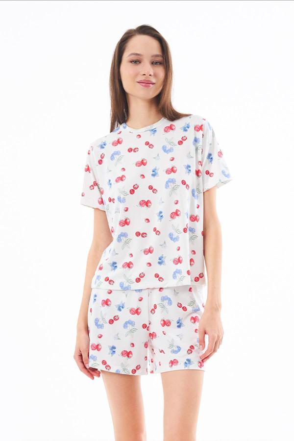 Premium  Şortlu Kadın Pijama Takımı Meyve Desenli Yumuşak Dokulu Bisiklet Yaka Kısa Kollu - Image 1