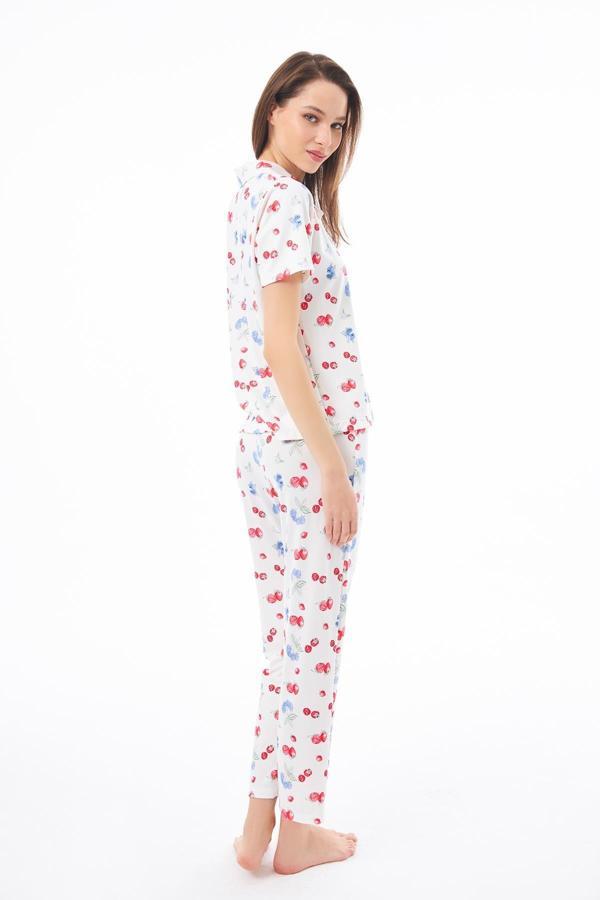 Premium Kadın Pijama Takımı Meyve Desenli Yumuşak Dokulu Kısa Kollu Gömlek Yaka - Image 1