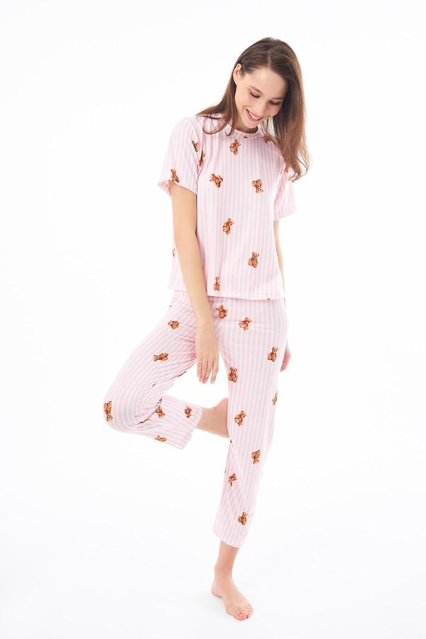 Premium Kadın Pijama Takımı Krem Ayıcık Desenli Yumuşak Dokulu Kısa Kollu Bisiklet Yaka - Image 1