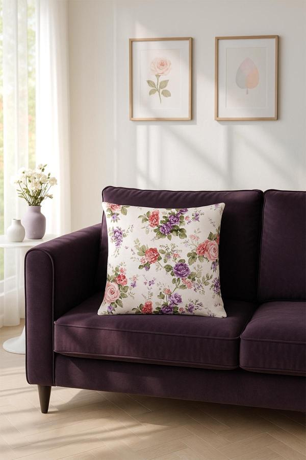 Duck Büyük Güllü Kırlent Kılıfı Mor V1 40x40 - Image 1