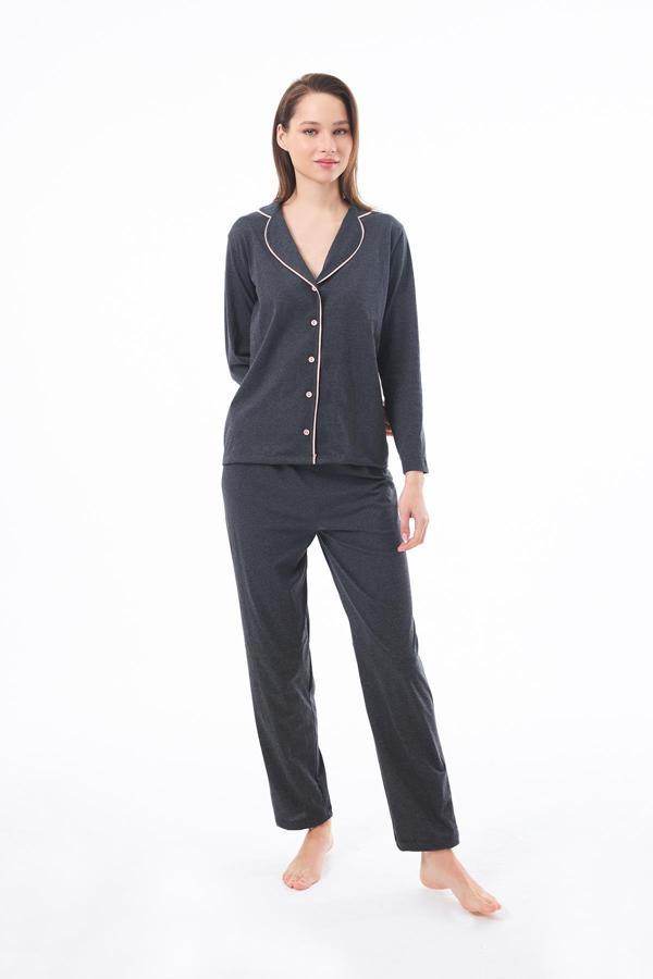 Antrasit Önden Düğmeli Pamuklu Kadın Pijama Takımı - Image 1