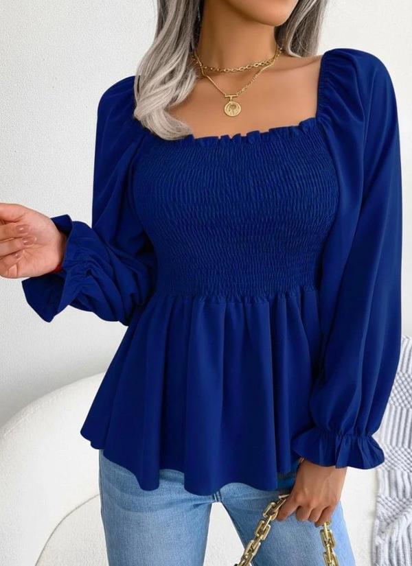 MDB Kadın Uzun Kollu Geometrik Yakalı Gipe Detaylı Krep Bluz - Image 1