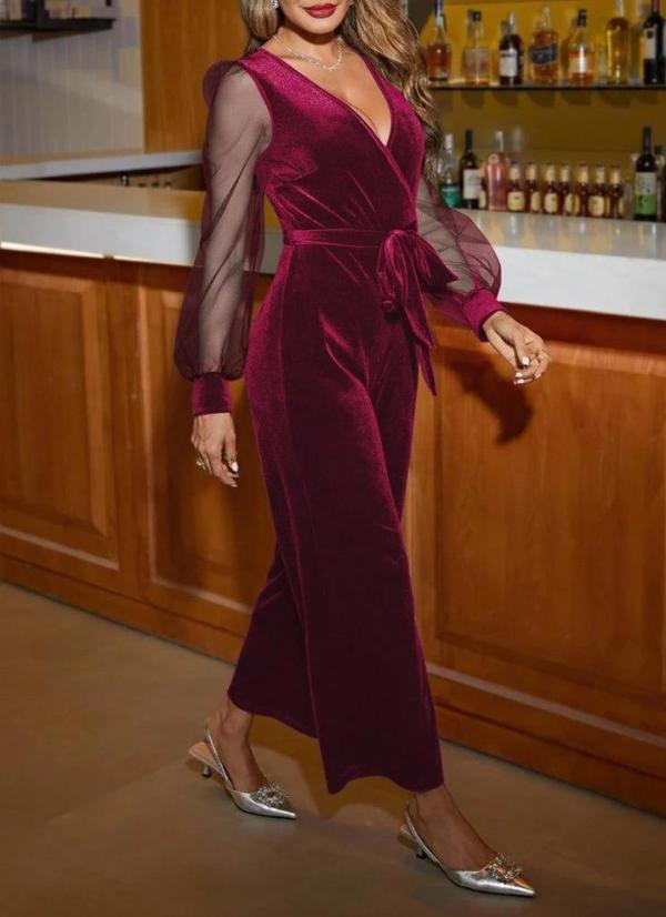 MDB Kadın Uzun Kollu Kruvaze Yakalı Belden Kuşaklı Tül Detaylı Kadife Tulum - Image 1