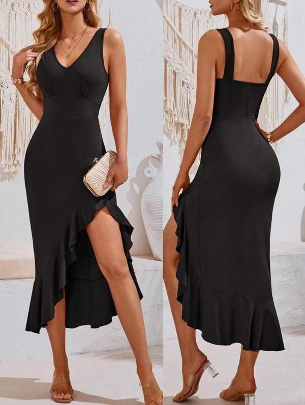 MDB Kadın Askılı V Yakalı önden Fırfırlı Uzun Dalgıç Elbise - Image 1