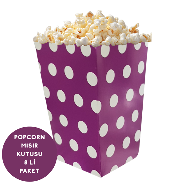 Mor Beyaz Puanlı Popcorn Mısır Kutusu 8 li Paket - Image 1