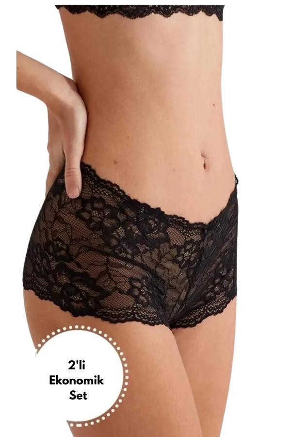 Kadın Külot Dantelli Şort (2`li Set) Fantazi Baxer İç Giyim Kadın Çamaşır - Image 1