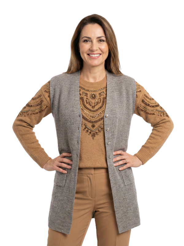 Oppland Kadın Anne Uzun Yelek Çift Cepli Önü Şık Düğmeli Fitil Doku Motifli - Image 1