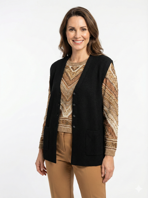 Oppland Kadın Anne Yelek Çift Cepli Önü Şık Düğmeli Fitil Motifli - Image 1