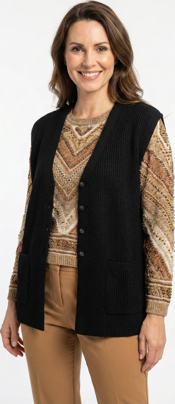 Oppland Kadın Anne Yelek Çift Cepli Önü Şık Düğmeli Fitil Motifli - Image 1