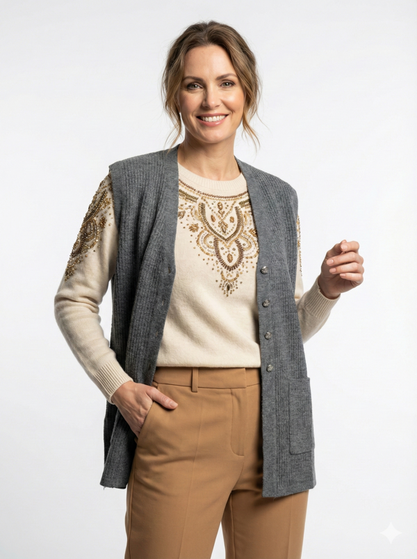 Oppland Kadın Anne Yelek Çift Cepli Önü Şık Düğmeli Fitil Motifli - Image 1