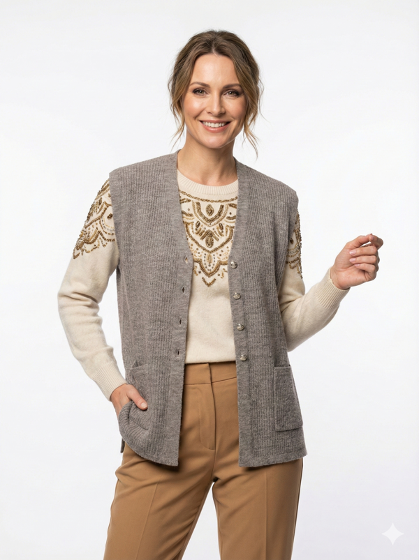 Oppland Kadın Anne Yelek Çift Cepli Önü Şık Düğmeli Fitil Motifli - Image 1