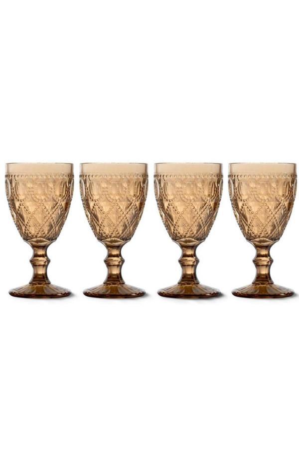 Easy Life Rölyef Süslemeli 4 lü Cam Kadeh Seti Amber - 400 ml - Image 1