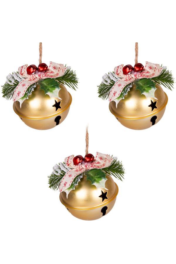 Yılbaşı Ağaç Süsü Çıngıraklı Yılbaşı Topu 3lü Set Gold 8Cm - Image 1