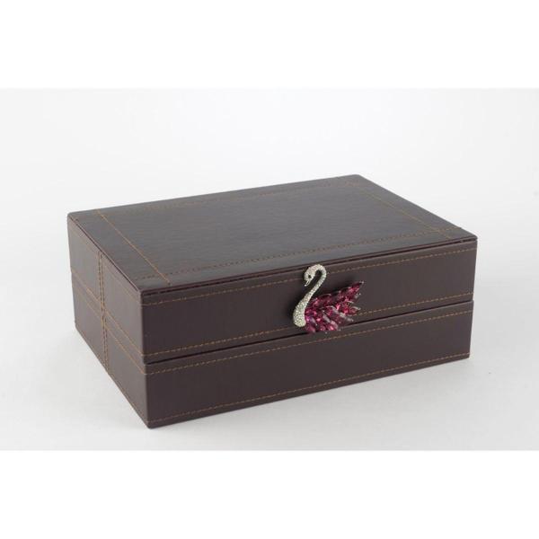 Mikasa Moor Koyu Mor Kuğu Kulplu Deri Kutu 26x18x10cm - Image 1