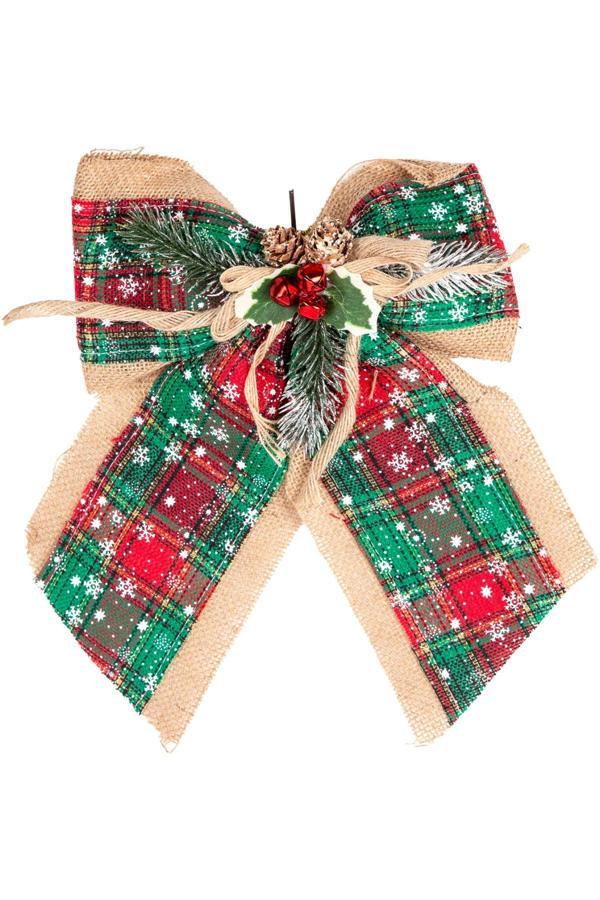 Yılbaşı Ağaç Süsü Yılbaşı Dekorlu Fiyonk Ekoseli Yeşil 30x21 Cm - Image 1