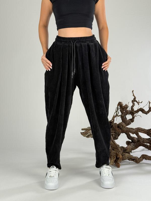 Siyah Kadife Pileli Kadın Jogger Pantolon COC1056 - Image 1