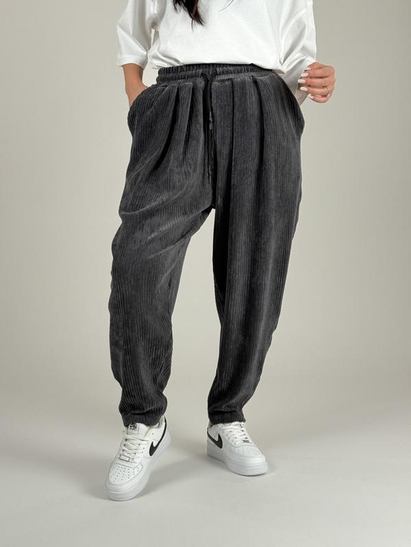 Antrasit Pileli Kadife Kadın Jogger Pantolon COC1083 - Image 1