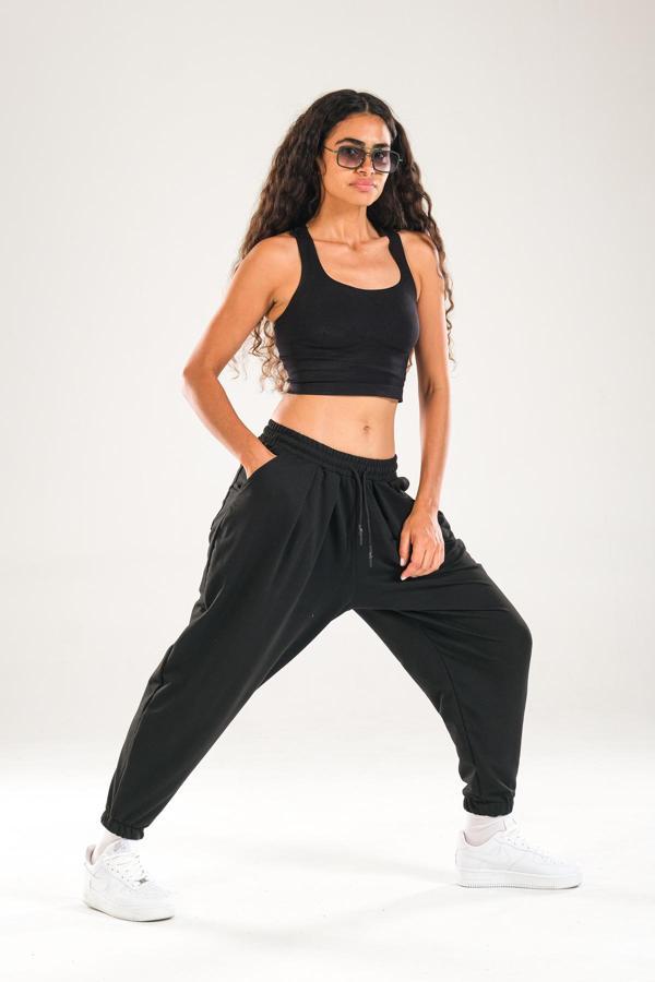 Paça Lastikli Pileli Siyah Jogger Pantolon COC2081 - Image 1