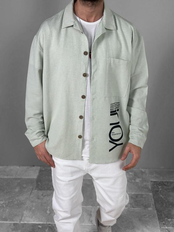 Su Yeşili Desenli Keten Gömlek COC1802 - Image 1