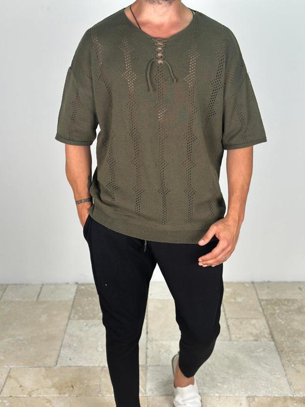 Lazer Kesim Örme Haki T-Shirt COC2021 - Image 1