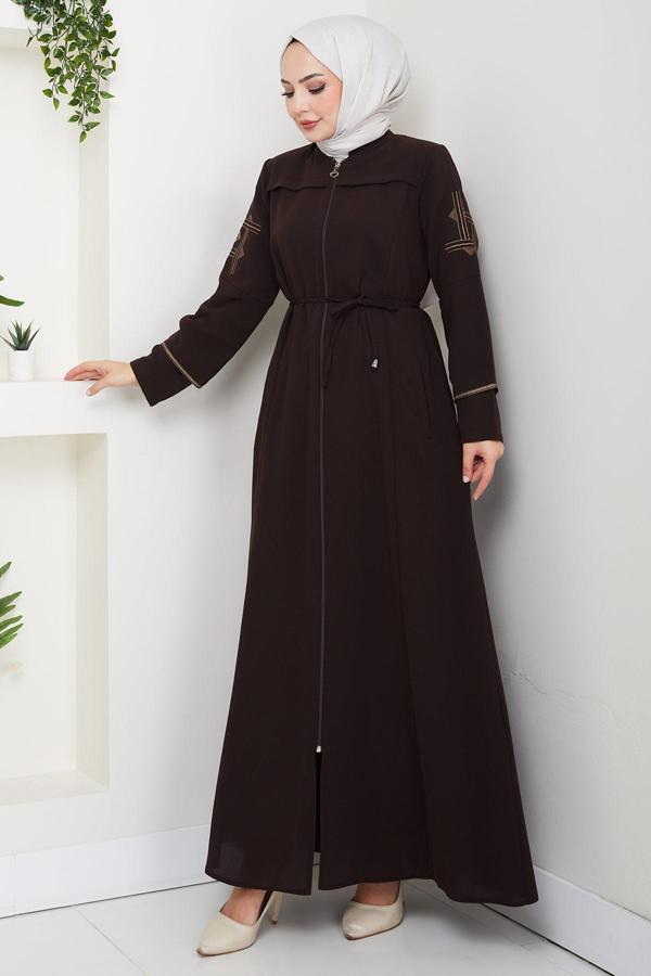 Bağcıklı Kolu Nakışlı Ferace Kahverengi HM2854 - Image 1