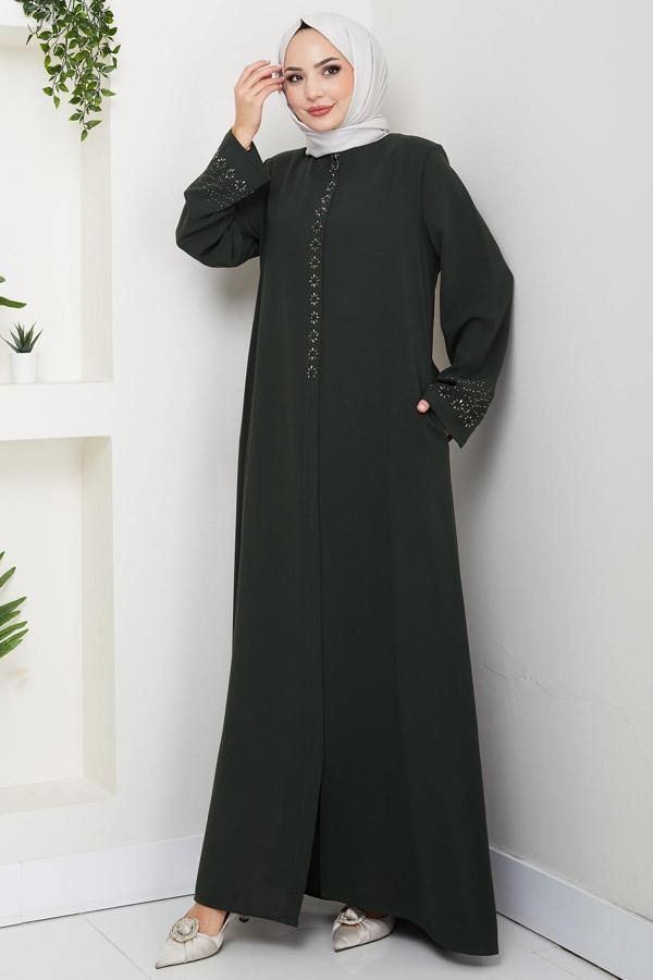 Gizli Patlı Çiçek Taşlı Ferace Haki HM2859 - Image 1