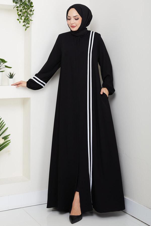 Şerit Detaylı Ferace Siyah HM2846 - Image 1