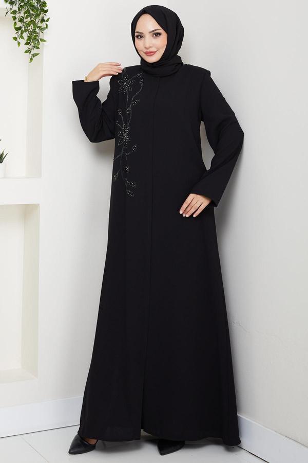 Çiçek Detay Taşlı Ferace Siyah HM2847 - Image 1