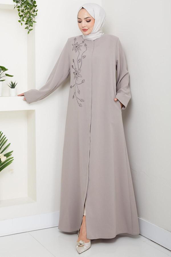 Çiçek Detay Taşlı Ferace Bej HM2847 - Image 1