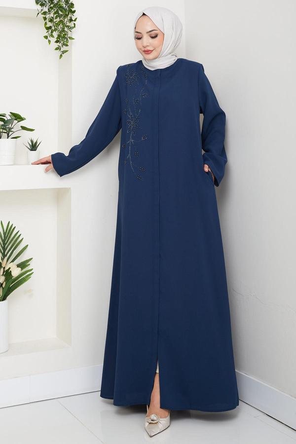 Çiçek Detay Taşlı Ferace Petrol HM2847 - Image 1